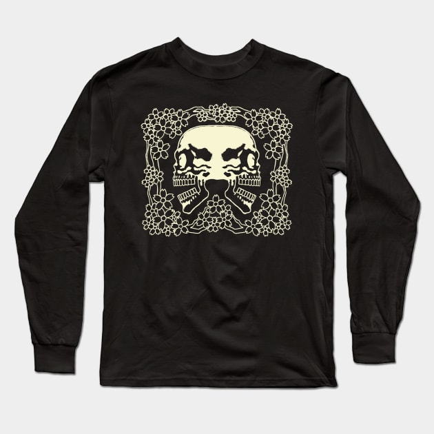 Twin Skulls and Sakura Ink Art Tattoo Retro White Long Sleeve T-Shirt by ebayson74@gmail.com